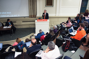 Chancellor Kent Syverud speaks at a University Senate meeting in April. 