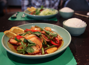 The Chili Thai Basil dish had nice spices and a lot of vegetables, but the tofu was disappointing and lacked taste.