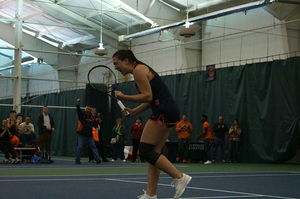 Anna Shkudun lets out a scream against Notre Dame on Sunday. She won an intense match, 4-3, on Sunday.