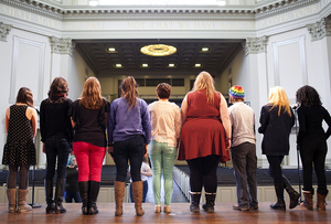 Women in Students Advocating Sexual Safety and Empowerment stand on stage in Hendricks Chapel and prepare for the 2015 run of “The Vagina Monologues.” The play, written by Eve Ensler, is meant to bring women together and give performers a platform to discuss their experiences as women. 