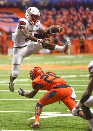 Lamar Jackson spent the game jumping over and around SU defenders. He had a historic night, accounting for an ACC record 610 yards of offense.