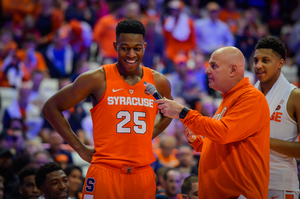 Tyus Battle being interviewed by Seth Greenberg. Battle won the dunk contest at Orange Madness.