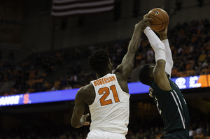 The Orange's 6-foot-8 senior forward has played sparingly thus far. Here, Roberson comes up with a block. 