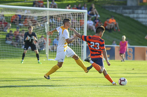 Ryan Raposo lines up a shot towards the net against Hofstra Sunday.