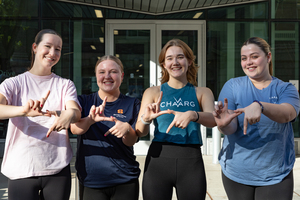 CHAARG members come to The Barnes Center at The Arch for their daily workout. With a lightning bolt as their symbol, they aim to empower women to “fit their fit” and find an empowering community. From left to right: Amelia Fortsch, Ann McCutchen, Marlee Ecton, Sophia Fleischer.