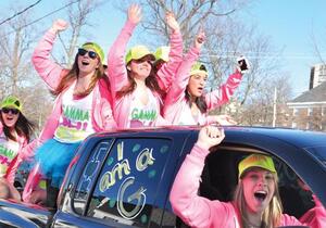 Members of Gamma Phi Beta celebrate Bid Day around campus.