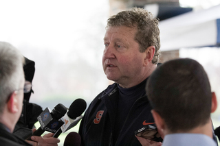 SU head coach John Desko addresses the media after his team's crushing 21-7 loss. The Orange still hasn't won a conference game in its first season in the Atlantic Coast Conference. 