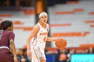 Mangakahia dribbles the ball to her left.