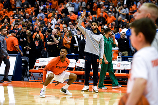 Tyus Battle, a junior guard, watches his shot anxiously during warmups.