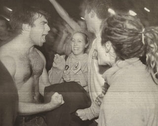 Despite 29-degree weather on Saturday, April 5, 2003, fans gathered on Marshall Street, some even ripping off their shirts, to celebrate Syracuse’s win over the Texas Longhorns.